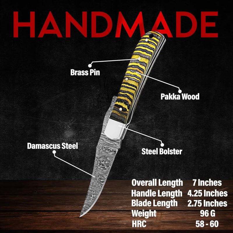 BE BREAK EDGE Handmade Damascus Steel Russlock Folding Knife with Yellow Striped Handle and Leather Sheath - Image 2